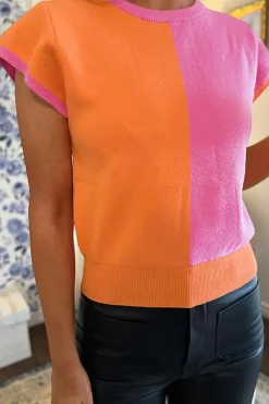 New Dear-Lover 2-tone Color Block Knit Cap Sleeve Sweater Top Flamingo