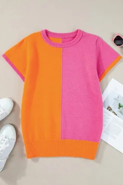 New Dear-Lover 2-tone Color Block Knit Cap Sleeve Sweater Top Flamingo