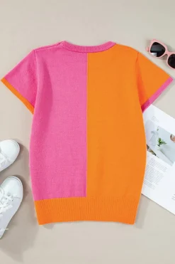 New Dear-Lover 2-tone Color Block Knit Cap Sleeve Sweater Top Flamingo
