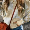Sale Dear-Lover Flaxen Checkered Print Drop Shoulder Sweater Light French Beige