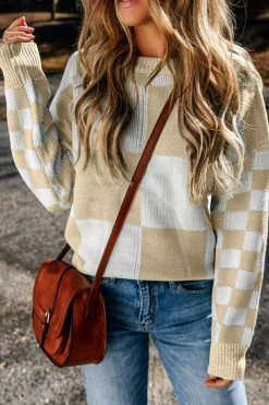 Sale Dear-Lover Flaxen Checkered Print Drop Shoulder Sweater Light French Beige