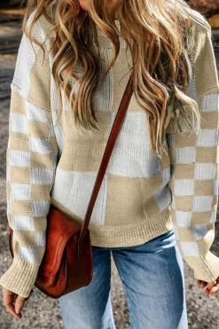 Sale Dear-Lover Flaxen Checkered Print Drop Shoulder Sweater Light French Beige