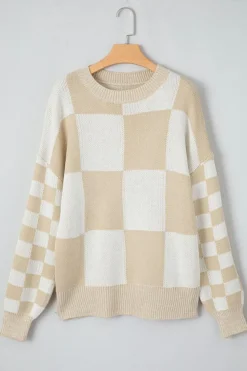 Sale Dear-Lover Flaxen Checkered Print Drop Shoulder Sweater Light French Beige