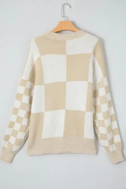 Sale Dear-Lover Flaxen Checkered Print Drop Shoulder Sweater Light French Beige