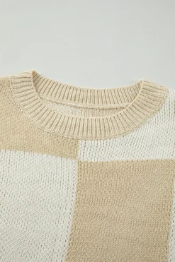 Sale Dear-Lover Flaxen Checkered Print Drop Shoulder Sweater Light French Beige