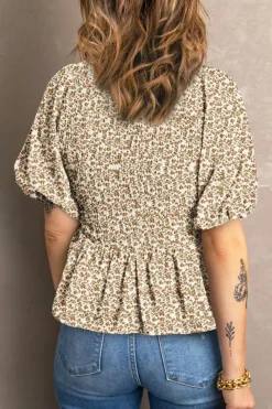 Online Dear-Lover Floral Print Puff Sleeve Smocked Top Green