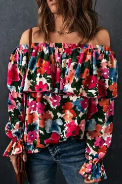 Clearance Dear-Lover Floral Print Ruffled Off Shoulder Blouse Multicolor