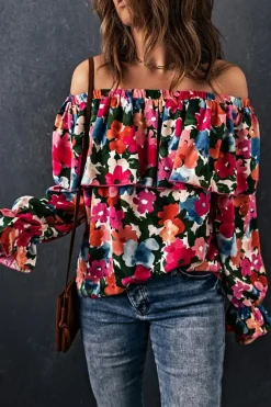 Clearance Dear-Lover Floral Print Ruffled Off Shoulder Blouse Multicolor