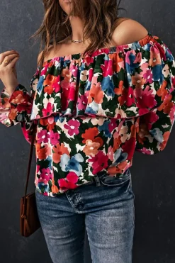 Clearance Dear-Lover Floral Print Ruffled Off Shoulder Blouse Multicolor