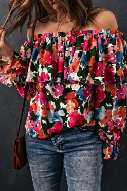 Clearance Dear-Lover Floral Print Ruffled Off Shoulder Blouse Multicolor