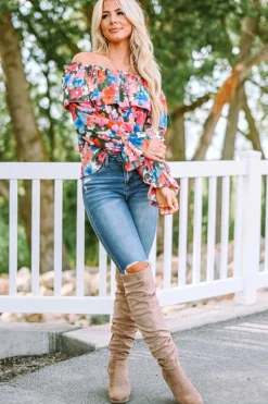 Clearance Dear-Lover Floral Print Ruffled Off Shoulder Blouse Multicolor