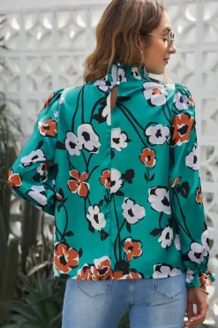 Hot Dear-Lover Floral Print Smocked Mock Neck Blouse Green