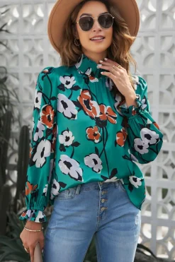 Hot Dear-Lover Floral Print Smocked Mock Neck Blouse Green