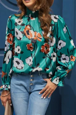 Hot Dear-Lover Floral Print Smocked Mock Neck Blouse Green