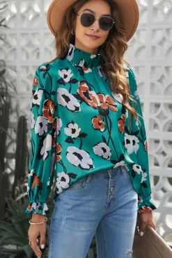 Hot Dear-Lover Floral Print Smocked Mock Neck Blouse Green