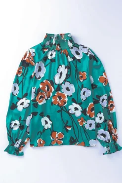 Hot Dear-Lover Floral Print Smocked Mock Neck Blouse Green