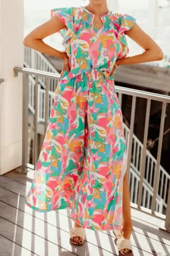 Hot Dear-Lover Floral Ruffled Sleeve Top Smocked Wide Leg Pants Set Pink