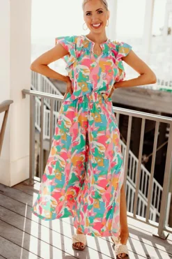 Hot Dear-Lover Floral Ruffled Sleeve Top Smocked Wide Leg Pants Set Pink