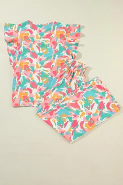 Hot Dear-Lover Floral Ruffled Sleeve Top Smocked Wide Leg Pants Set Pink
