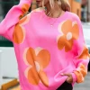 Best Dear-Lover Flower Pattern Slouchy Sweater Fiery Red