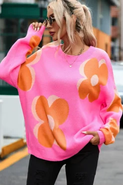Best Dear-Lover Flower Pattern Slouchy Sweater Fiery Red