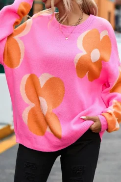 Best Dear-Lover Flower Pattern Slouchy Sweater Fiery Red