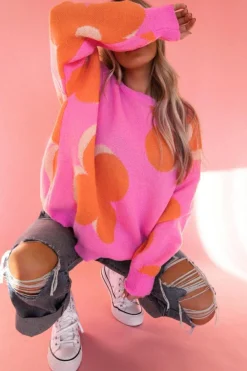 Best Dear-Lover Flower Pattern Slouchy Sweater Fiery Red