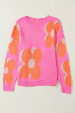 Best Dear-Lover Flower Pattern Slouchy Sweater Fiery Red