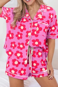 Online Dear-Lover Flower Print Short Sleeve Shirt Pajamas Set Pink