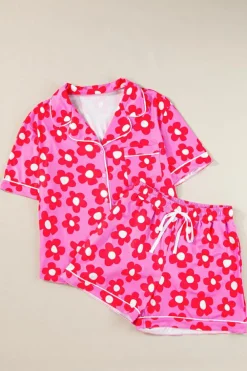 Online Dear-Lover Flower Print Short Sleeve Shirt Pajamas Set Pink