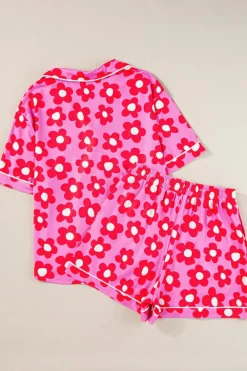Online Dear-Lover Flower Print Short Sleeve Shirt Pajamas Set Pink