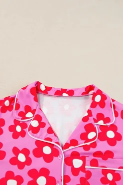 Online Dear-Lover Flower Print Short Sleeve Shirt Pajamas Set Pink