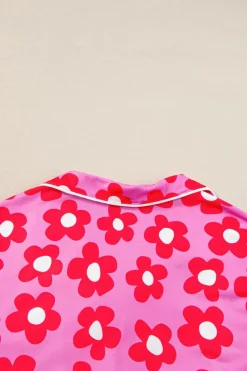 Online Dear-Lover Flower Print Short Sleeve Shirt Pajamas Set Pink