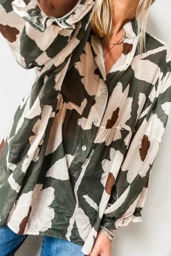 Fashion Dear-Lover Abstract Floral Print Puff Sleeve Half Button Blouse Four Leaf Clover