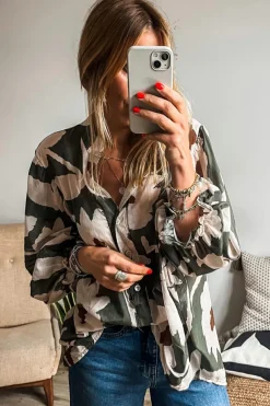 Fashion Dear-Lover Abstract Floral Print Puff Sleeve Half Button Blouse Four Leaf Clover