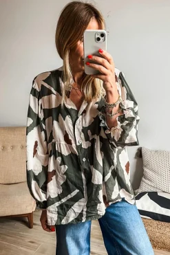 Fashion Dear-Lover Abstract Floral Print Puff Sleeve Half Button Blouse Four Leaf Clover