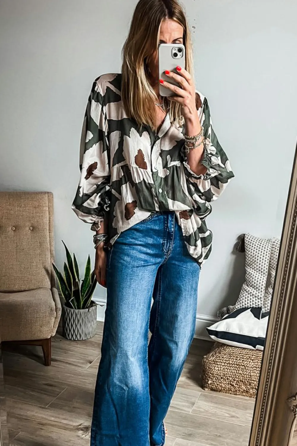 Fashion Dear-Lover Abstract Floral Print Puff Sleeve Half Button Blouse Four Leaf Clover