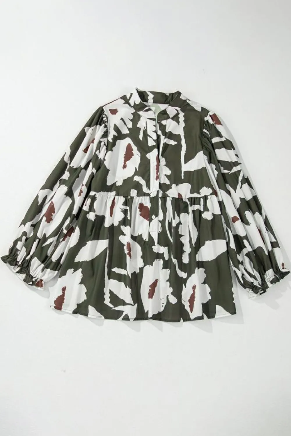 Fashion Dear-Lover Abstract Floral Print Puff Sleeve Half Button Blouse Four Leaf Clover