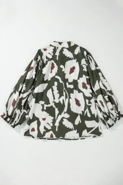 Fashion Dear-Lover Abstract Floral Print Puff Sleeve Half Button Blouse Four Leaf Clover