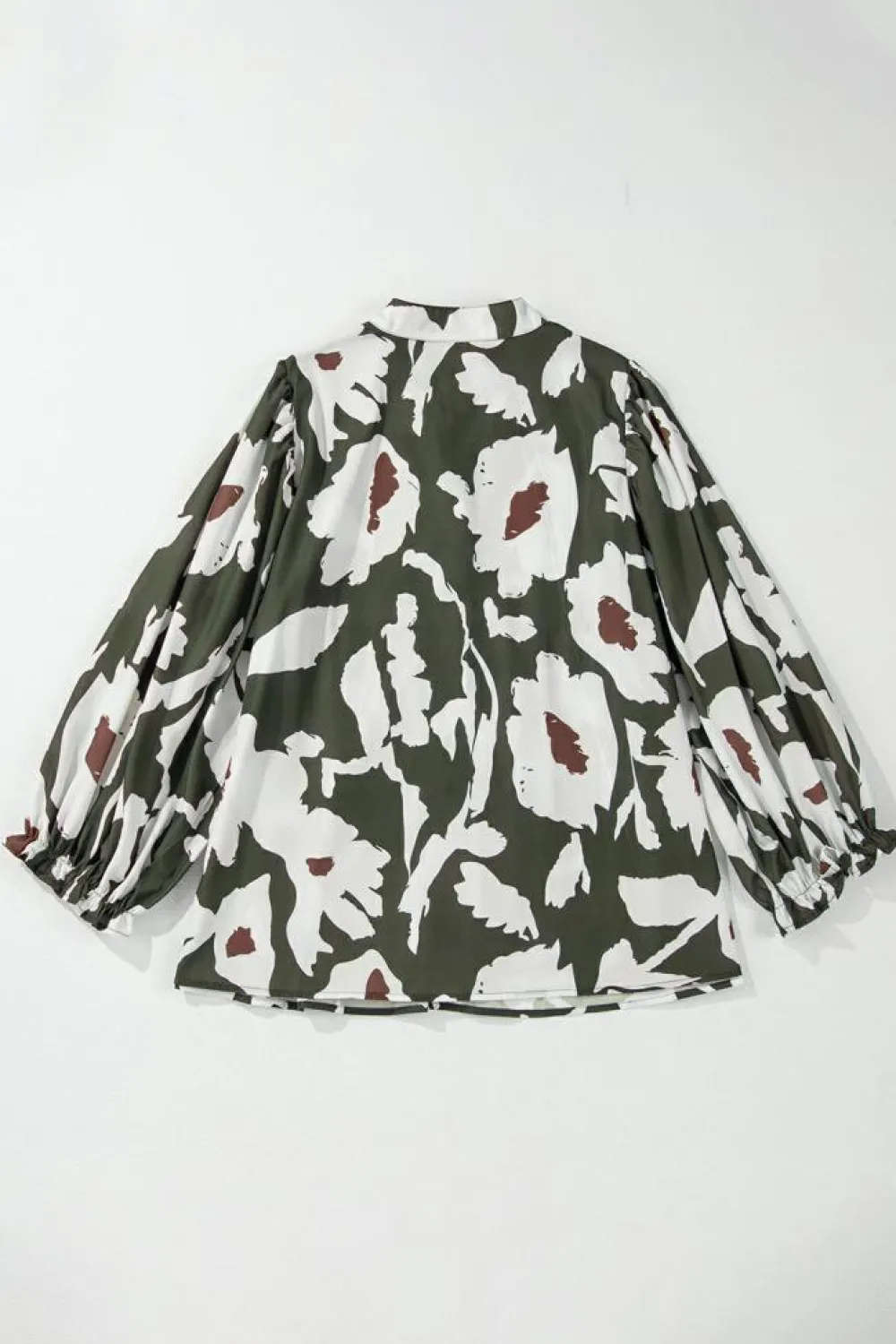 Fashion Dear-Lover Abstract Floral Print Puff Sleeve Half Button Blouse Four Leaf Clover
