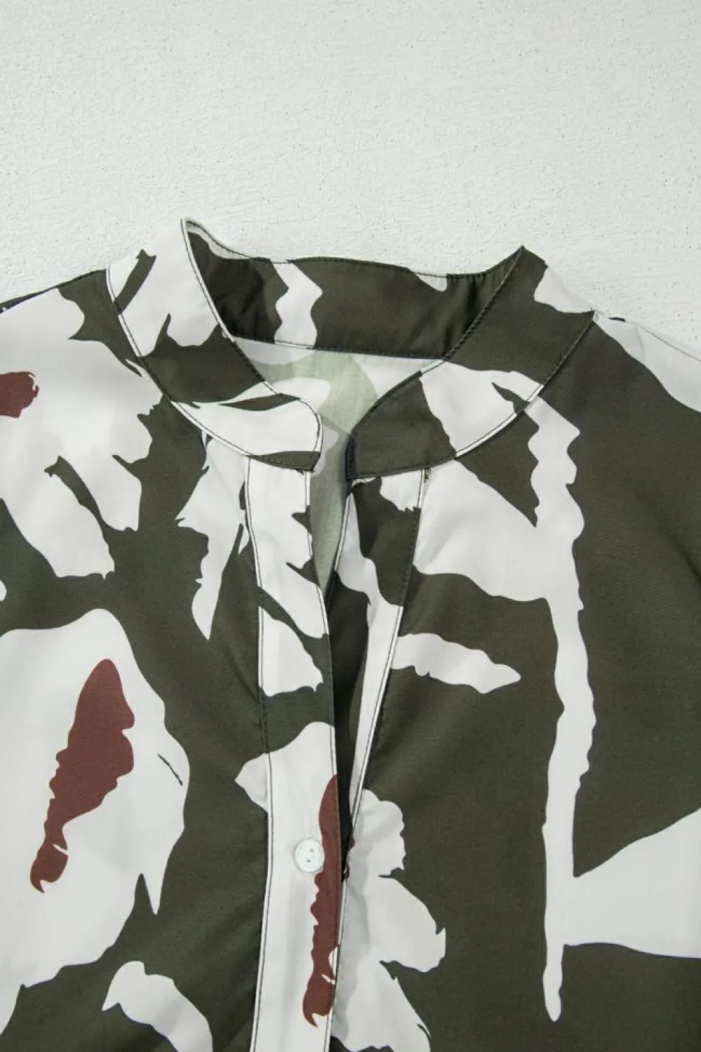 Fashion Dear-Lover Abstract Floral Print Puff Sleeve Half Button Blouse Four Leaf Clover