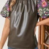 Best Dear-Lover Floral Bubble Sleeve Patchwork Leatherette Frilled Round Neck Blouse Four Leaf Clover