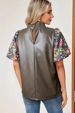 Best Dear-Lover Floral Bubble Sleeve Patchwork Leatherette Frilled Round Neck Blouse Four Leaf Clover