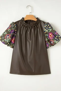 Best Dear-Lover Floral Bubble Sleeve Patchwork Leatherette Frilled Round Neck Blouse Four Leaf Clover