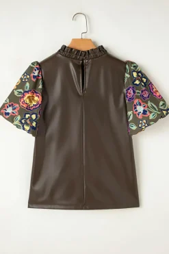 Best Dear-Lover Floral Bubble Sleeve Patchwork Leatherette Frilled Round Neck Blouse Four Leaf Clover