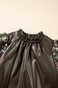 Best Dear-Lover Floral Bubble Sleeve Patchwork Leatherette Frilled Round Neck Blouse Four Leaf Clover