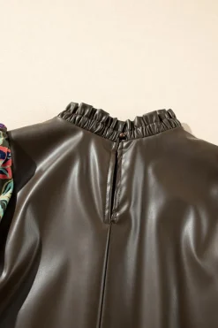 Best Dear-Lover Floral Bubble Sleeve Patchwork Leatherette Frilled Round Neck Blouse Four Leaf Clover