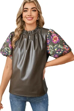Best Dear-Lover Floral Bubble Sleeve Patchwork Leatherette Frilled Round Neck Blouse Four Leaf Clover