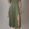 Fashion Dear-Lover Sleeveless Scoop Neck Flared Split Midi Dress Four Leaf Clover