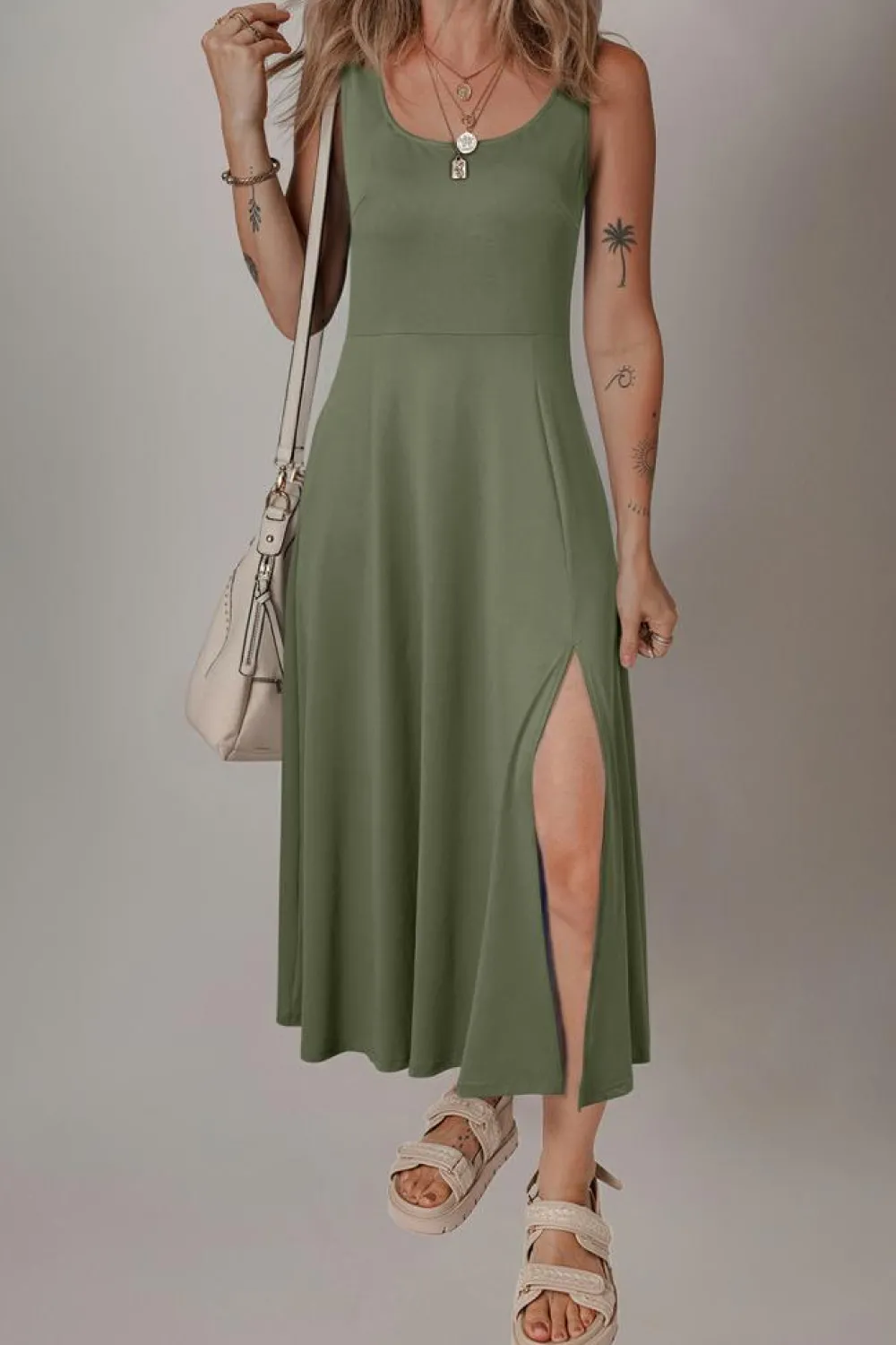 Fashion Dear-Lover Sleeveless Scoop Neck Flared Split Midi Dress Four Leaf Clover